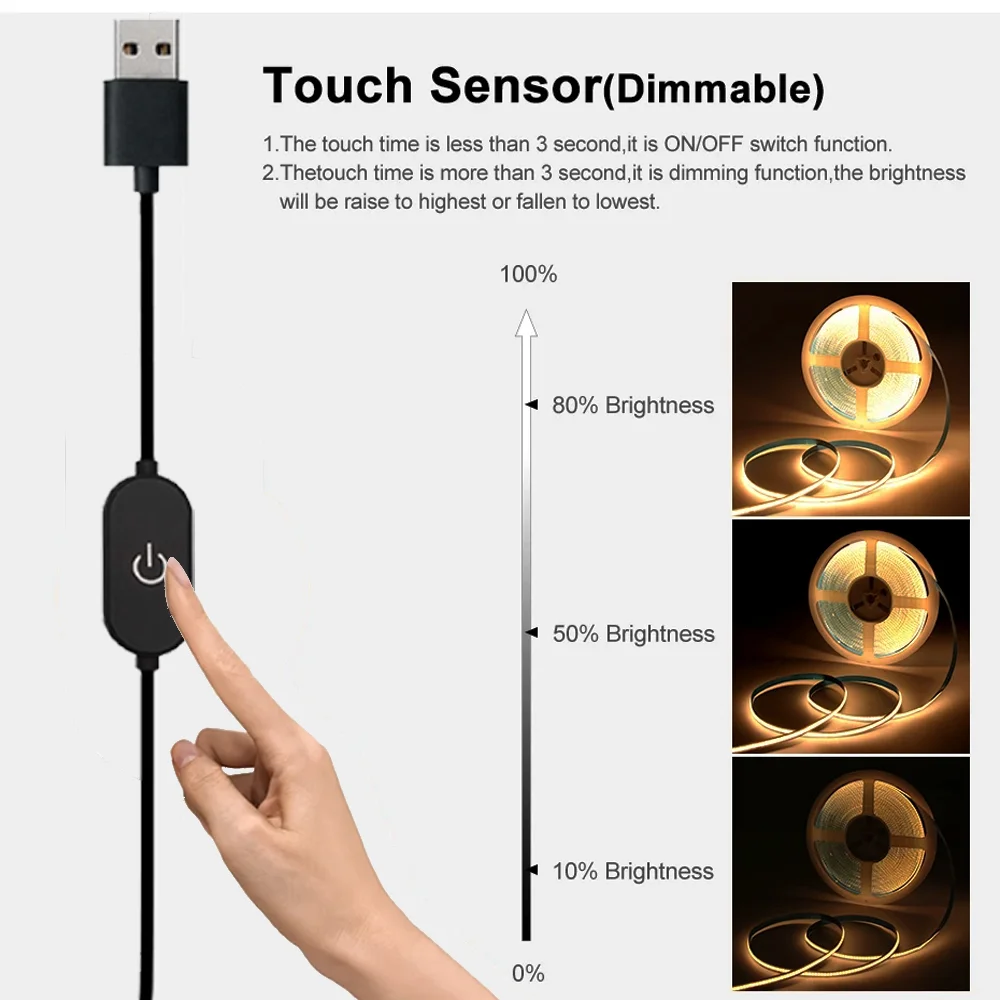 USB DC 5V COB LED Strip Light 320leds/m 1-5M Hand Scan / Dimmable Touch Sensor Switch/ Push Switch for WardrobeTV Mirror Kitchen