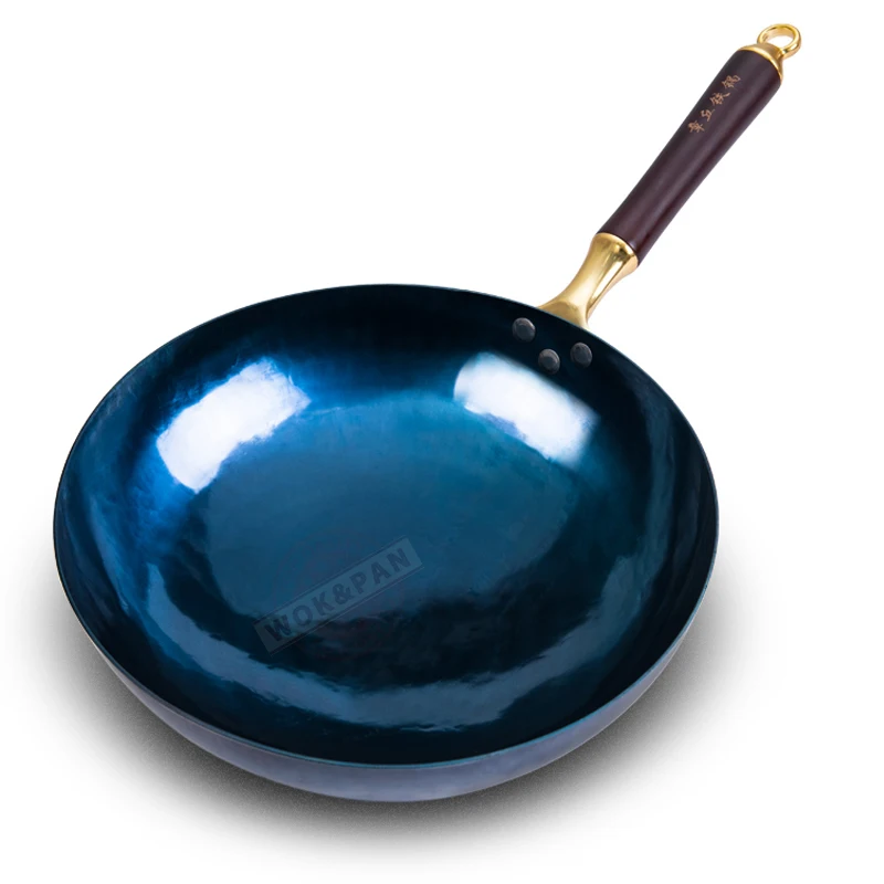 Blau Runde Boden Wok,30cm Chinesischen Gehämmert Pow Wok 2mm Dicke Pre-gewürzt Kochen Topf Küche Kochgeschirr Wok Für Gas Öfen