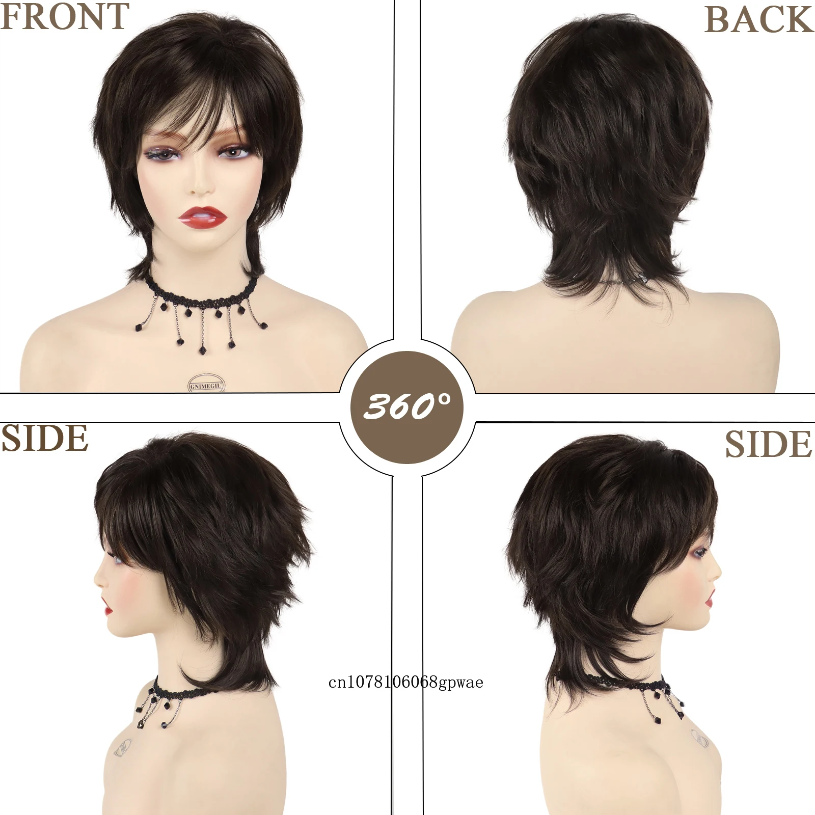 Natural Short Pixie Cut Wig with Bangs Synthetic Mullet Head Wig for Women Dark Brown Straight Hair Daily Cosplay Halloween Use