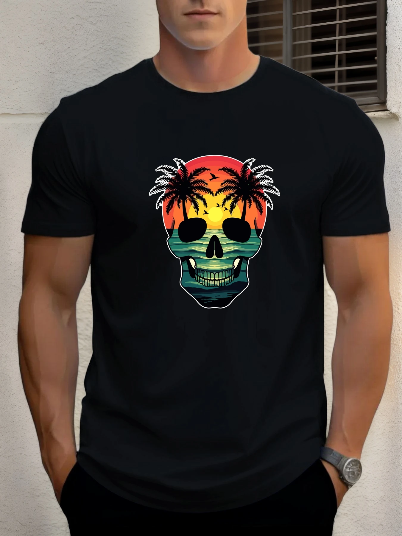 

T Shirt For Men Skull Seaview 100% Cotton Graphic Printing Summer Round Neck T-Shirt Casual Breathable Street Style Daily Top