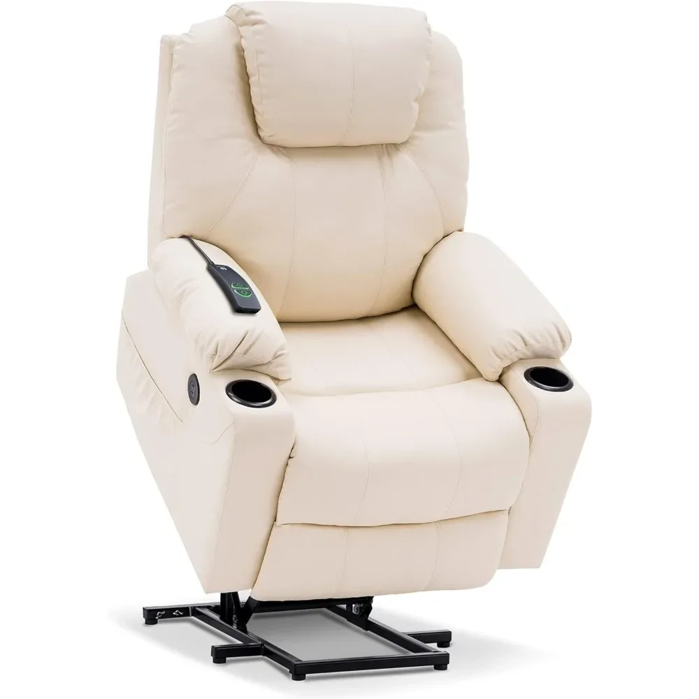 Artificial leather electric lift recliner sofa, massage and heating function, 2 side pockets and cup holder, USB port,