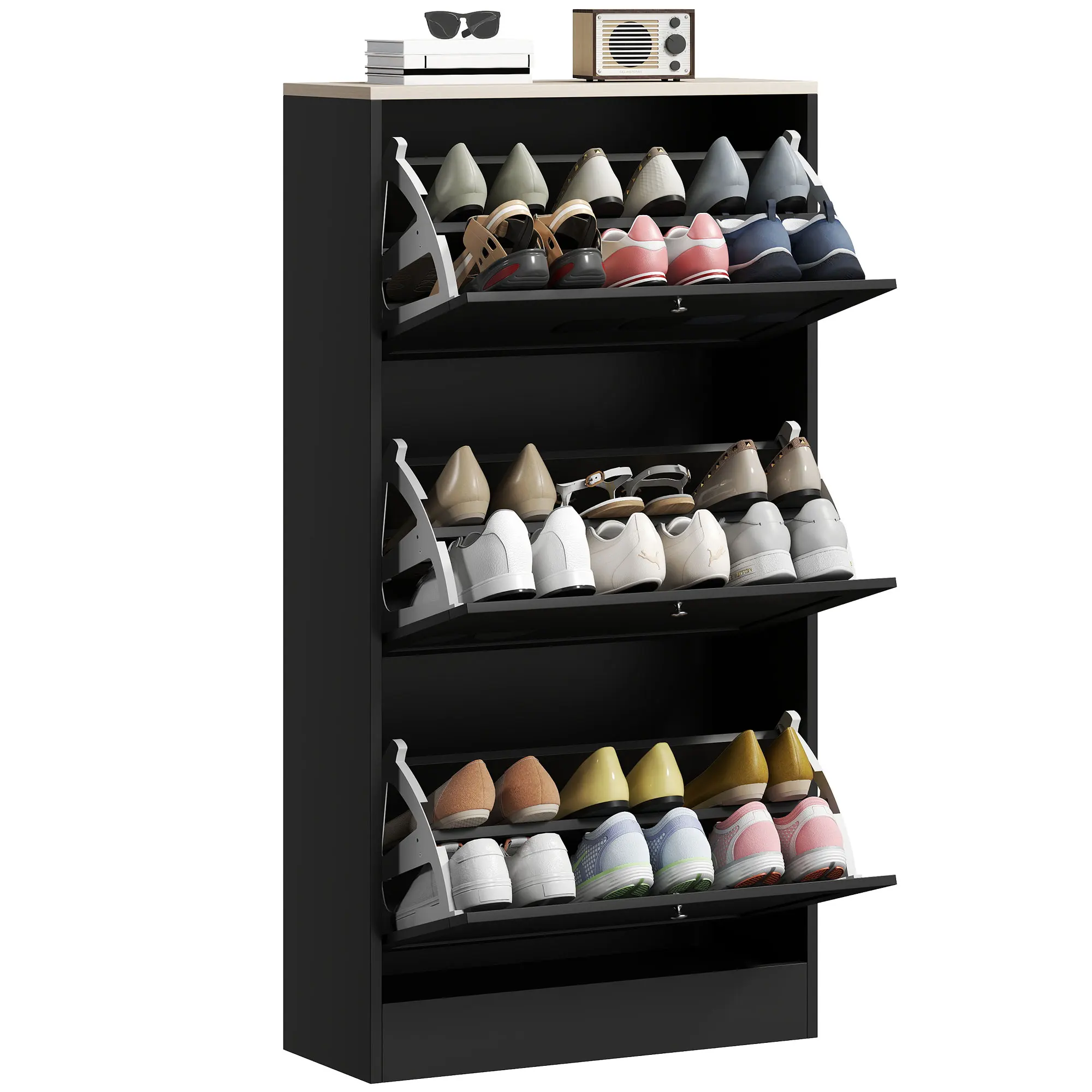 HOMCOM Shoe Storage Cabinet with 3 Flip Drawers, Wooden Freestanding Shoe Organizer with Adjustable Shelves for Entryway, Hallway, Black