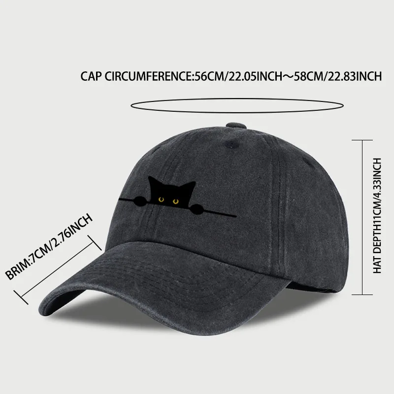 Retro Cartoon Cat Print Washed Baseball Cap – Adjustable Unisex Cute Cat Lover Sun Hat, Perfect for Fishing and Camping