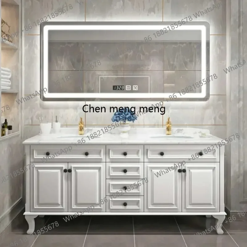 

Bathroom Cabinet European-Style Rubber Wood Floor-To-Ceiling Washbasin Pool Double Basin Solid Wood Washstand Bathroom Cabinet