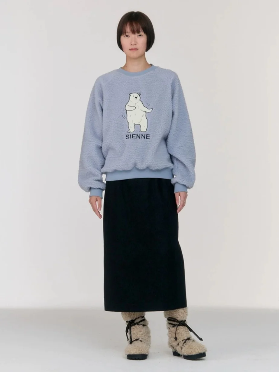 귀여운 춤추는 곰 무늬 라운드 넥 풀오버 스웨트셔츠 겨울 신상품 시엔 여성용 편안한 긴 소매