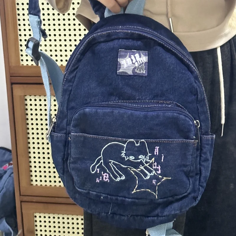 

2023 New Denim Korean All Match Schoolbags Kawaii Women Students Vintage Trendy Backpacks Y2k Aesthetic Cartoon Preppy Handbags