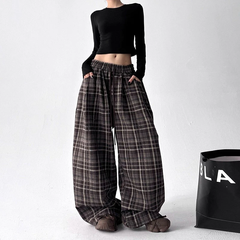 Pantaloni da donna a gamba larga con stampa scozzese vintage Pantaloni casual larghi autunno inverno Pantaloni con coulisse a vita alta retrò americani