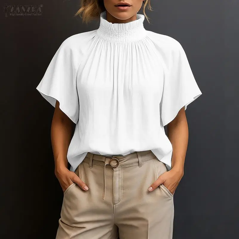 

Стильная женская блузка ZANZEA 2026: летняя офисная рубашка, элегантная однотонная туника для работы, топ с воротником-стойкой и коротким рукавом, блуза для женщин