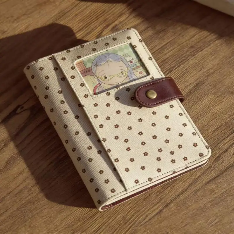 Cute Retro Polka Dot Canvas Notebook Snap Closure Cartoon Photo Insert For Journaling Scrapbooking School Note Taking