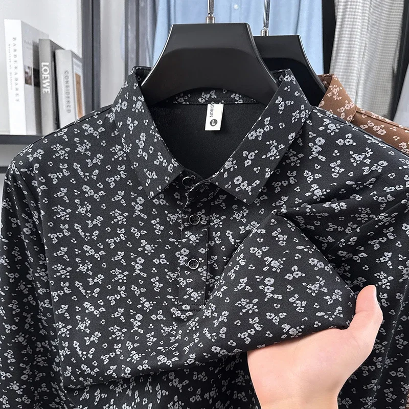 Summer Mens Floral Pattern Polo Top Turn Down Collar Button Closure Soft Touch Leisure And Office Business Garment