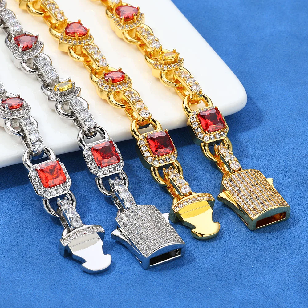 

HHIOK New Colorful Cubic Zirconial Geometric Diamond Necklace Women's 18K Plated Gold Iced Out Chain Hip Hop Jewelry