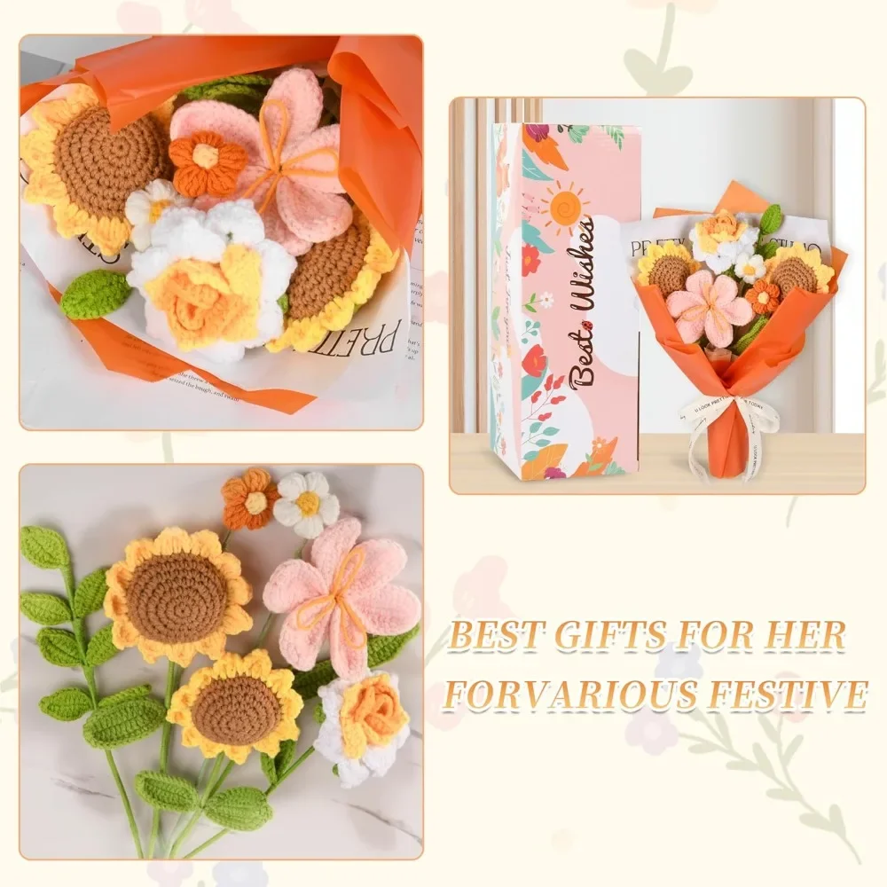 باقة زهور كروشيه هدايا زهور كروشيه مصنوعة يدويًا، ورود كروشيه توليب عباد الشمس 7 قطع لعيد الأم وحفلات الزفاف وأعياد الميلاد #2