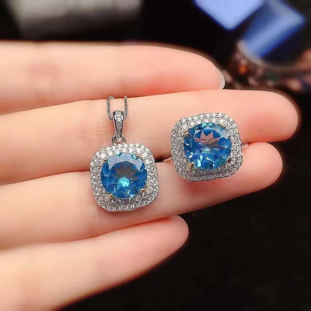 Dazzling Topaz Pendant Topaz Ring Jewelry Set for Wedding 10mm Natural Topaz Jewelry Set Solid 925 Silver Gemstone Jewelry Set