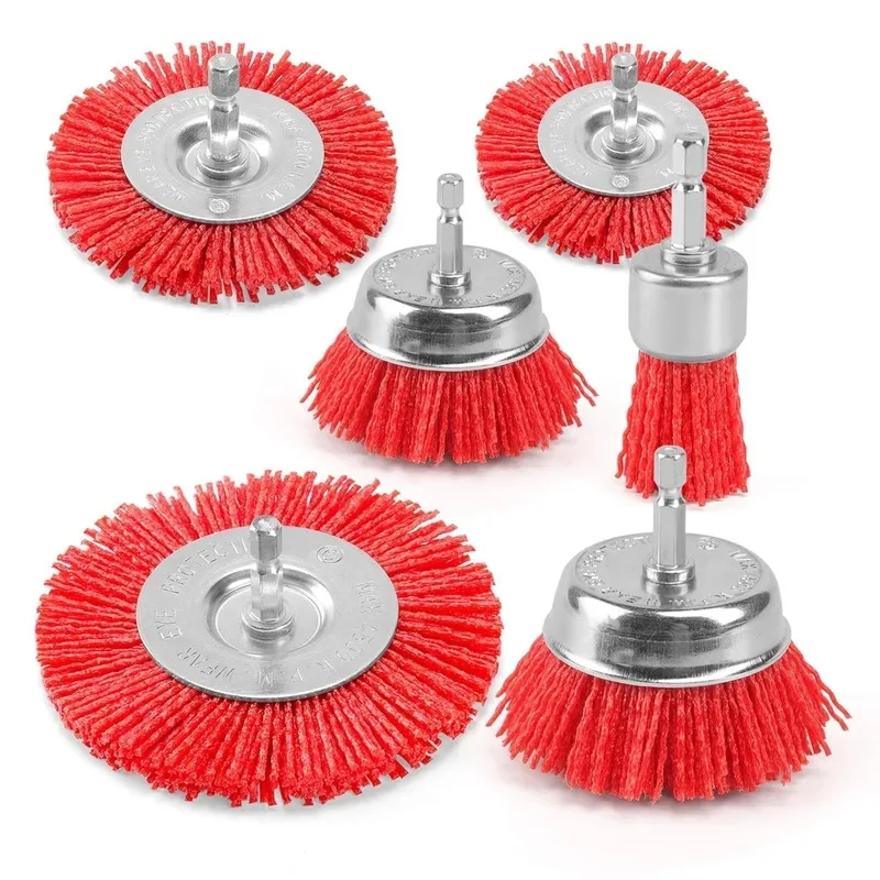 Nylon Abrasive Brush Set for Drill 6 Pack, 1/4 Inch Hex Shank, 3 Inch 2.6InchRedCoarsBristleBrushesforPaintCorrosionRustRemoval