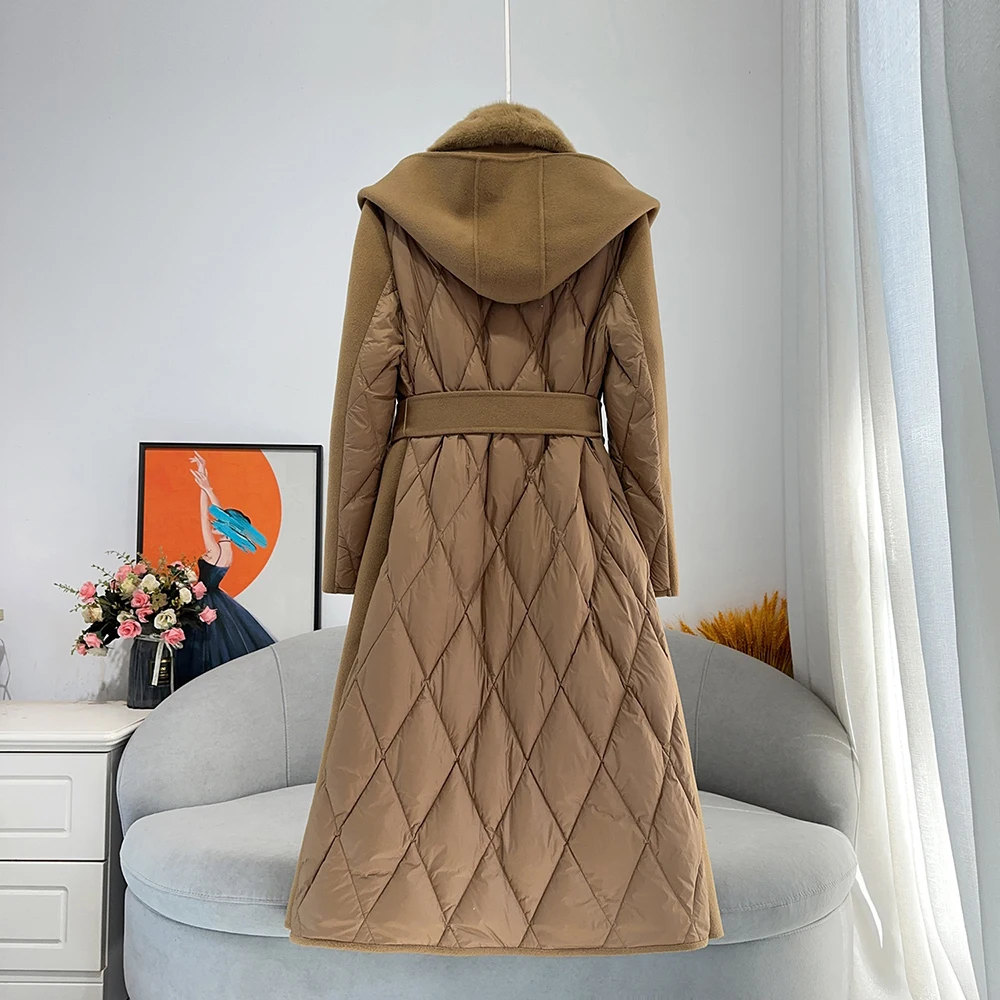 Women White Goose Down Thicken Double-Faced Woolen Fur Mid-Length Long Mink Fur Slimming Cashmere Down Jacket Hoodie Coat Hooded