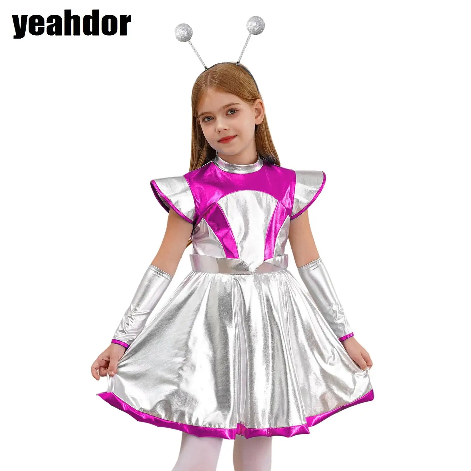 Disfraz de Alien para Halloween para niñas, vestido del espacio exterior con manga para el brazo y aro para el pelo, trajes de astronauta, fiesta del mundo futuro