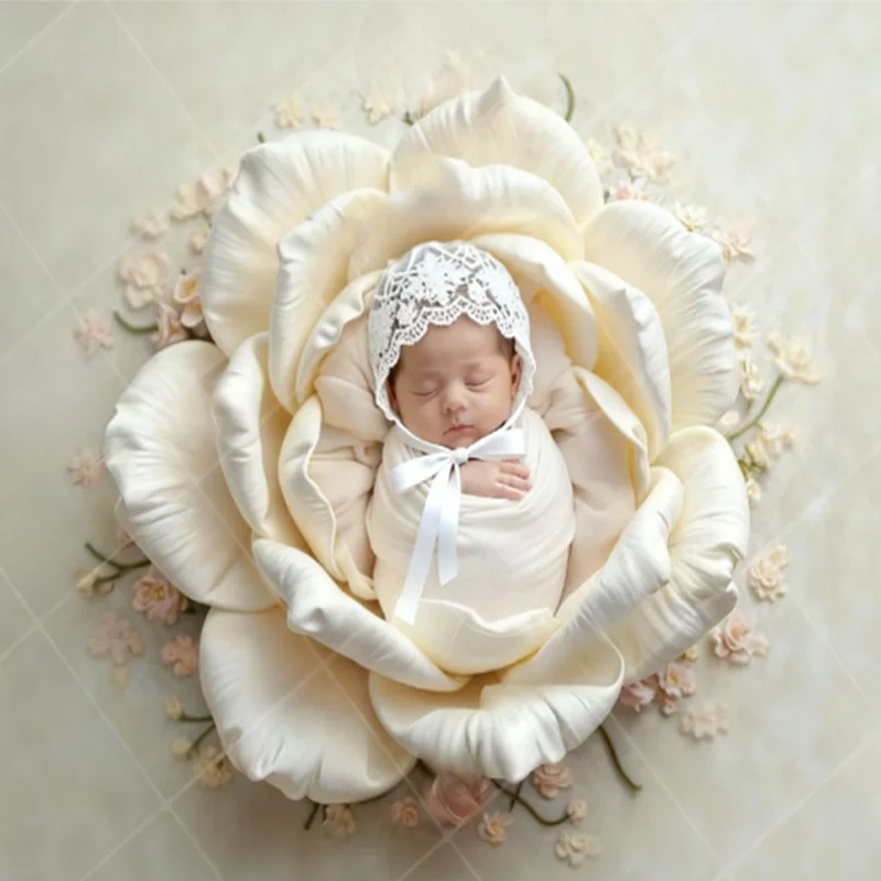 Newborn Princess Photo 2pcs Set - Embroidered Lace Bonnet & Angora Fabric Stretch Wrap - Breathable Floral Hat with Posing 0-6M