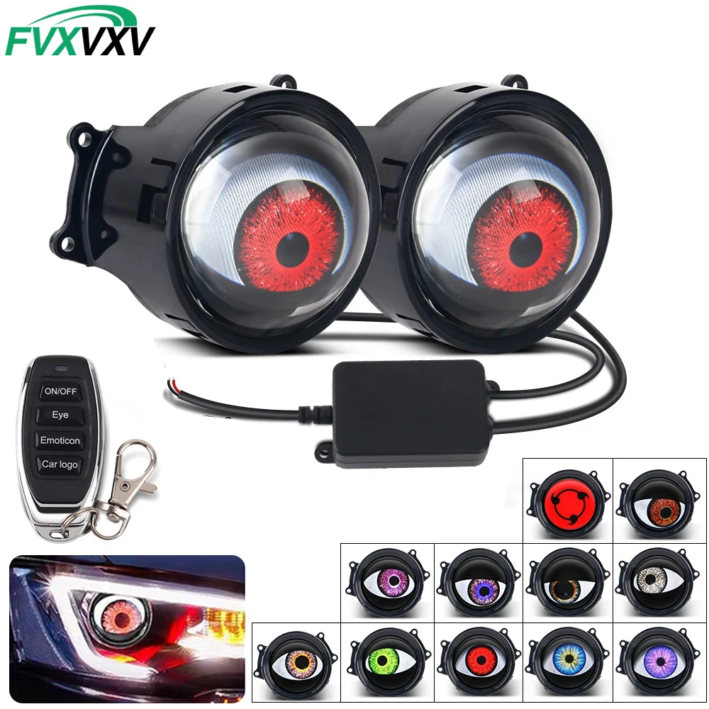 1Set Dynamic Devil Eyes LED Fog Lights, 12V RGB Adjustable Color Eyeball Lens, Big Eye Car Styling Decoration for Any Vehicle Mo