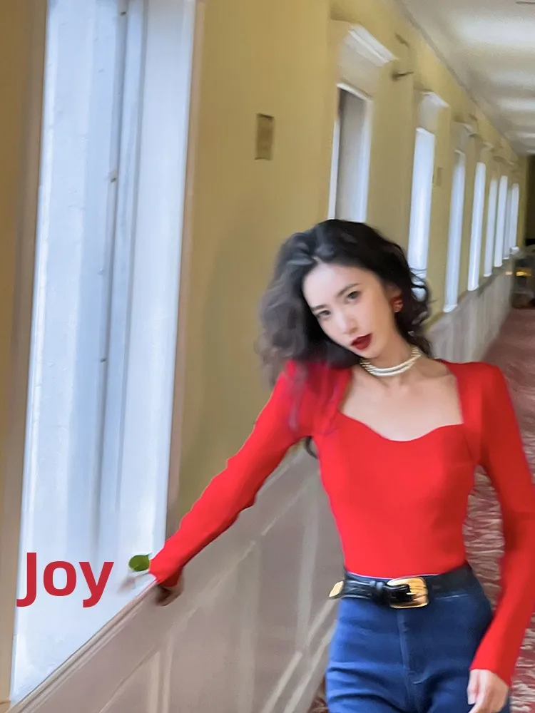 

Красный V-Ne трикотажный облегающий топ новогодний Pure Desire Sle Island Store Новое поступление Women's Faion Commute Sle Long ...