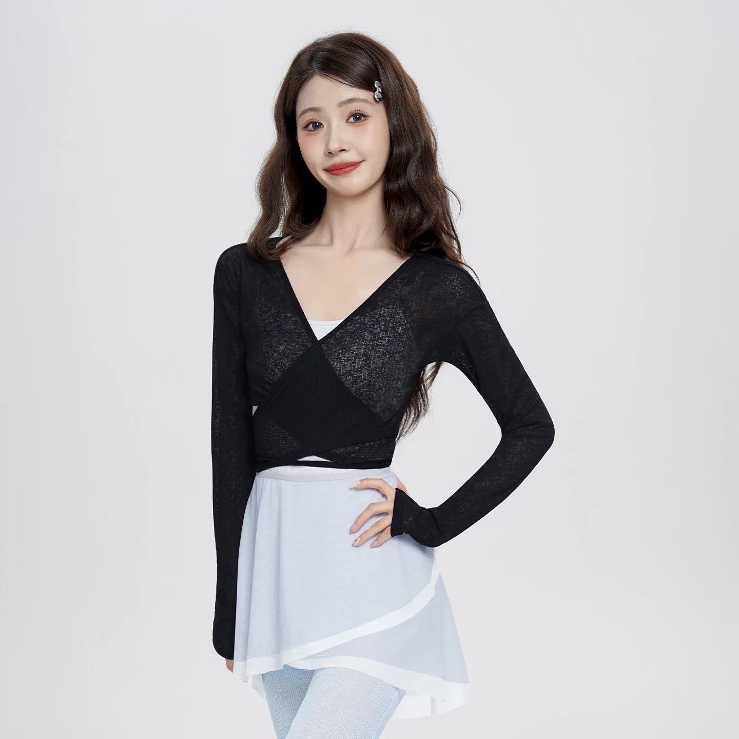

Women Ballet Yoga Classical Wrap Top Lightweight Mesh Waist Knot Cross V-neck Cover Slim Fitting Practice Long Sleeved Clothing