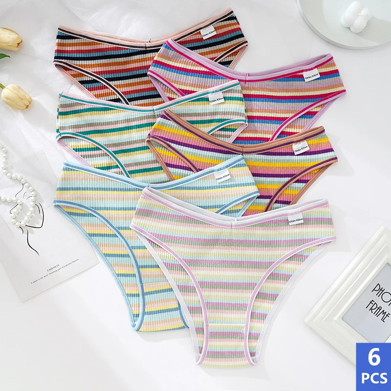 

6PCS Cotton Panties Female Underpants Sexy Panties for Women Briefs Underwear Plus Size Pantys Colorful Striped Lingerie Brief