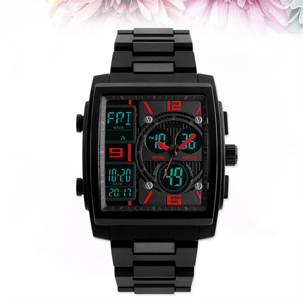 

Men's Large Square Military Outdoor Sports Watch Analog Digital Red Waterproof Sports Wristwatch El Light Multi-Function Watch