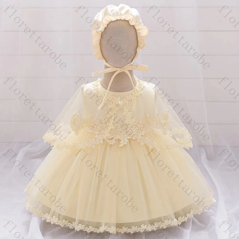 Customized Yellow Flower Girl Dress A Line Short Round Neck Long Sleeve Tulle Lace Applique Bonnet Wedding Kids Princess Gown