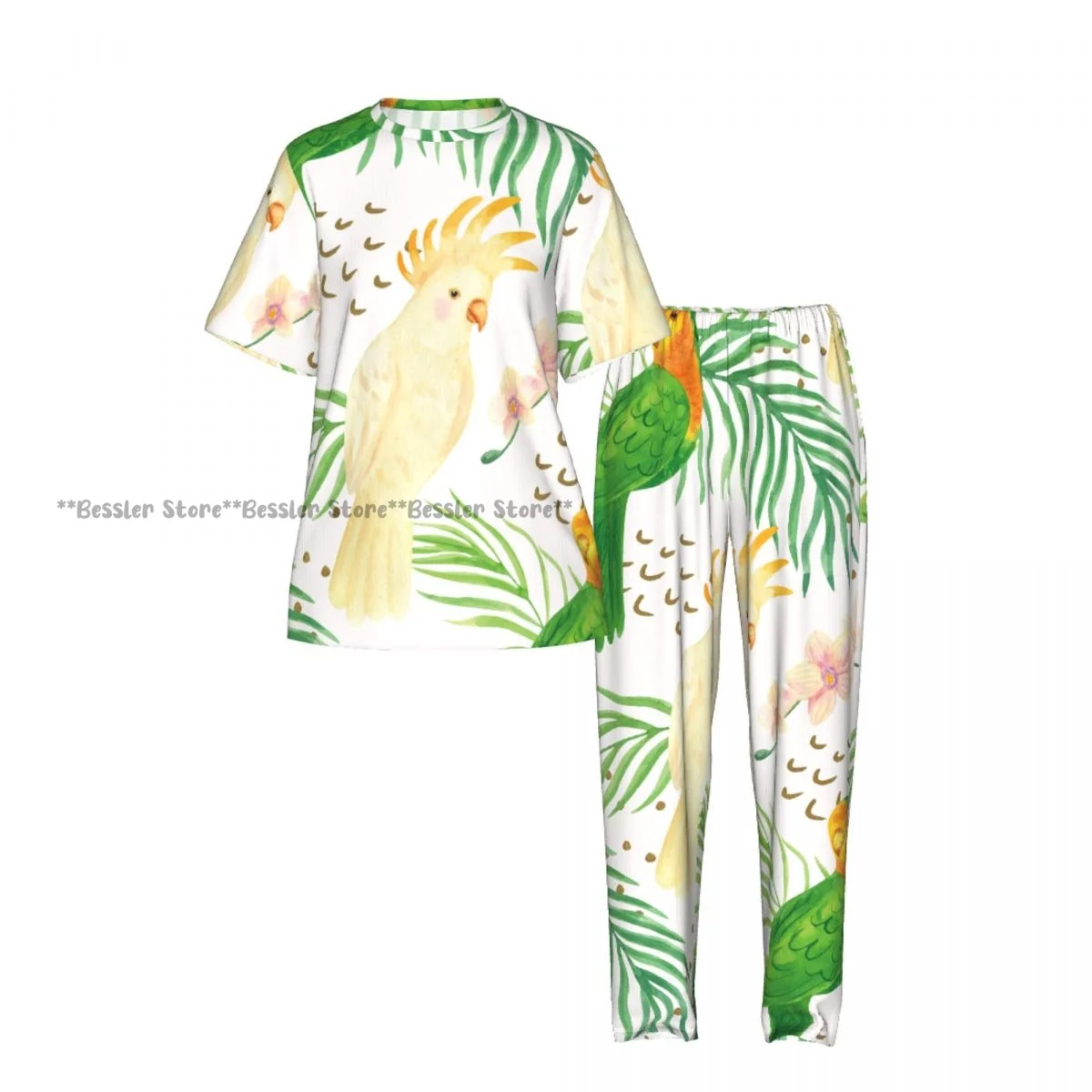 Watercolor Summer Tropical Birds Pajamas Set Short-sleeved Women Home Clothing