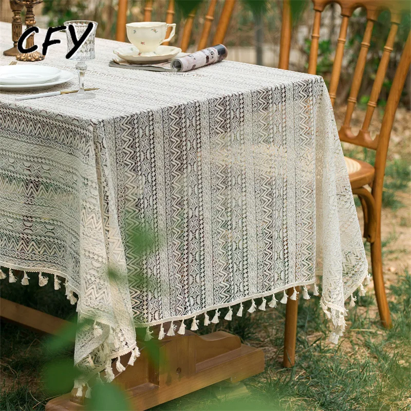 

Cotton Linen American Hollowed Out Retro Style with Tassel Thick Rectangular Wedding Dining Table Cover Tea Table Cloth