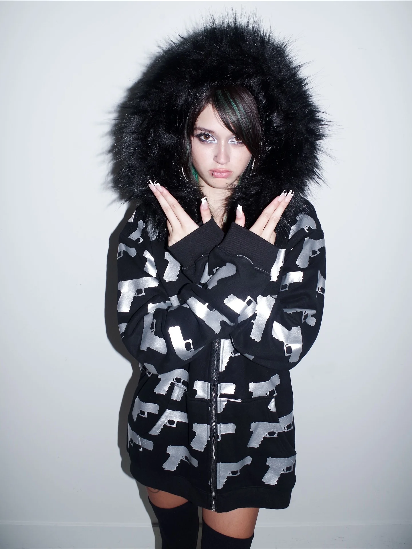 Moletom com Capuz Y2K, Moda Hip-Hop, Estilo de Rua, Cardigan do Milênio, Outono/Inverno, Estampa de Arma, Roupa de Garota Cool, Emo