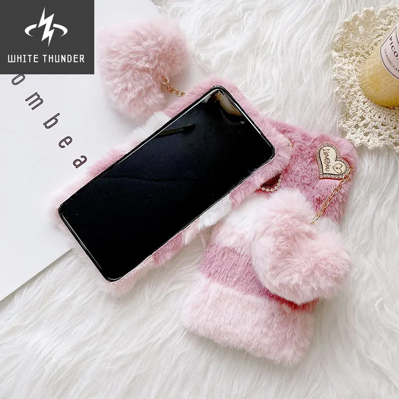 Love Heart Pendant Rabbit Furry Case For Samsung S21 Ultra Note 20 10 + 9 S20 FE S10 S9 Plus A71 A51 A70 Hair Plush Phone Case