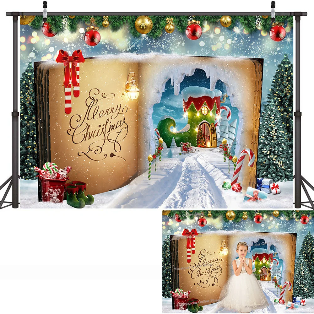 Snowy Christmas Pine Forest Backdrop Magic Book Fairy Tale Wonderland Photocall Kids Birthday Winter 3d Room Background Studio