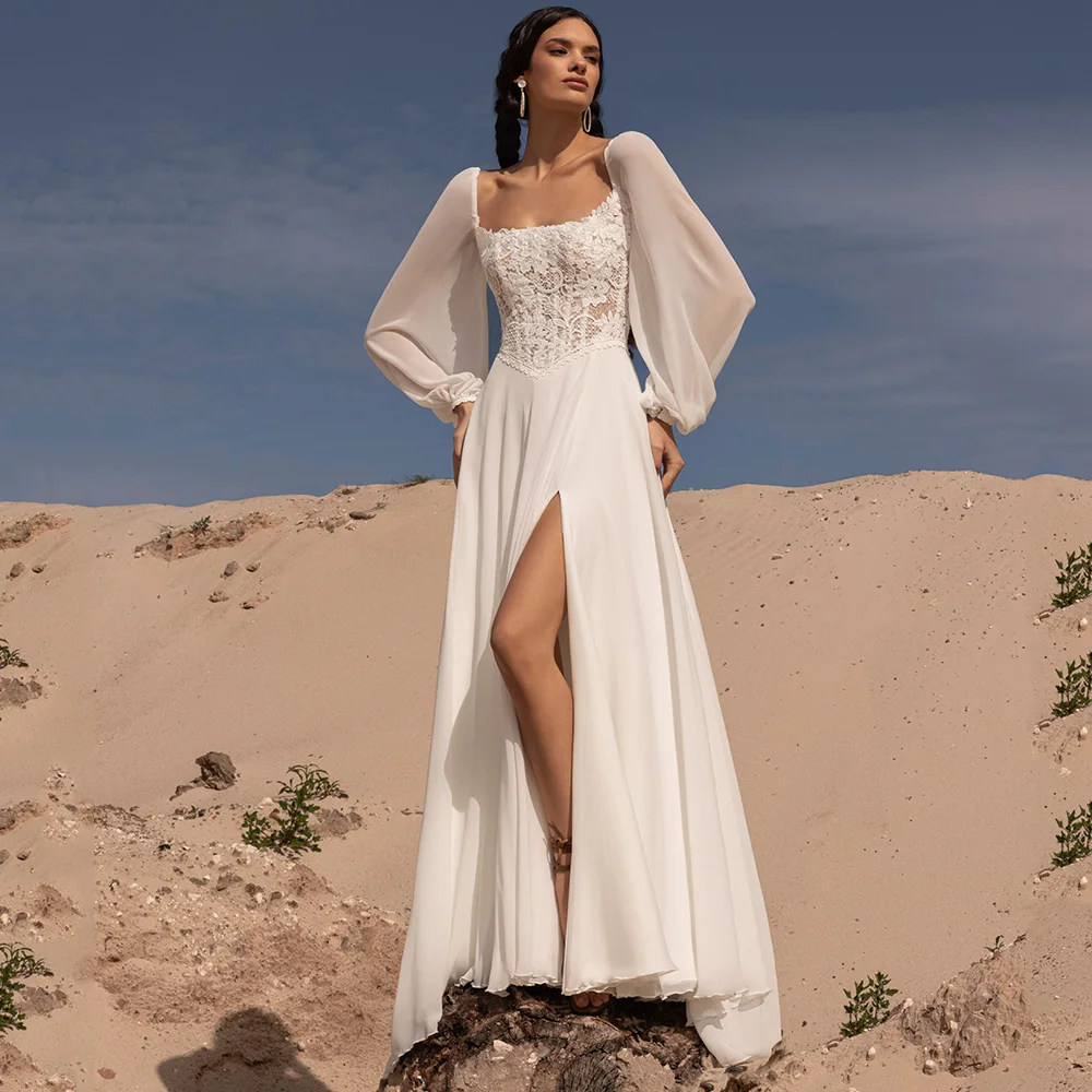 Bohemian Beach Wedding Dress Customized Women Appliques Lace Square Neckline Long Sleeves Side Slit Chiffon Civil Bridal Gowns