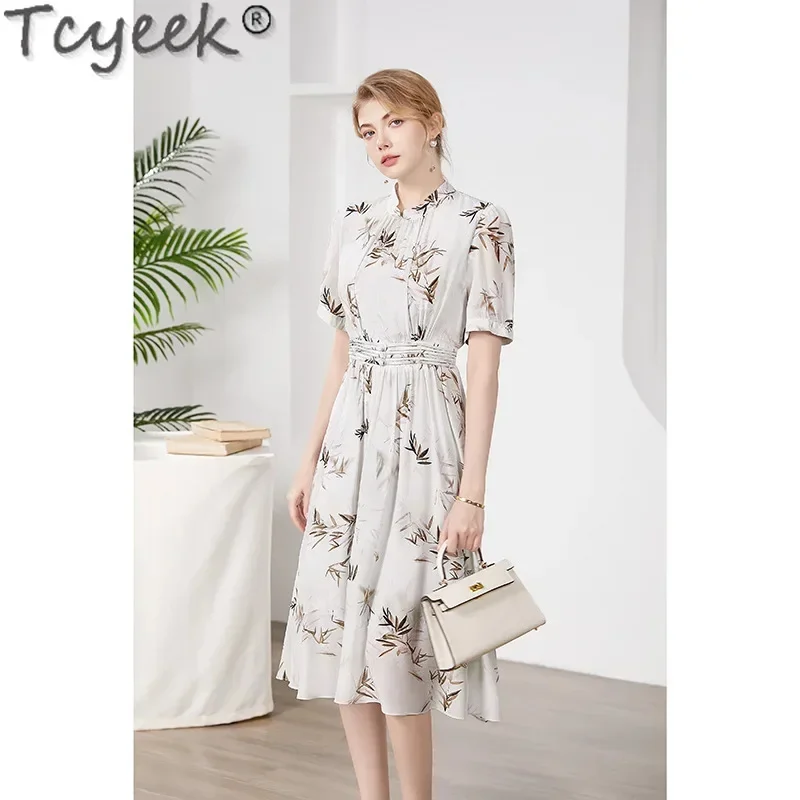 100% Tcyeek Mulberry Real Silk for Women Summer Clothes 2024 Elegant and Pretty Women's Dresses Stand Collar Print Dress