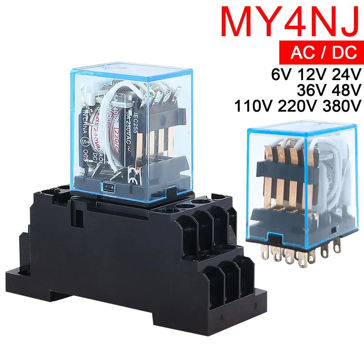 1 Set MY4 Small Electromagnetic Relay DC12V DC24V AC110V AC220V AC380V MY4NJ HH54P Power Coil Relay 4NO 4NC  14 Pin + Base Mini