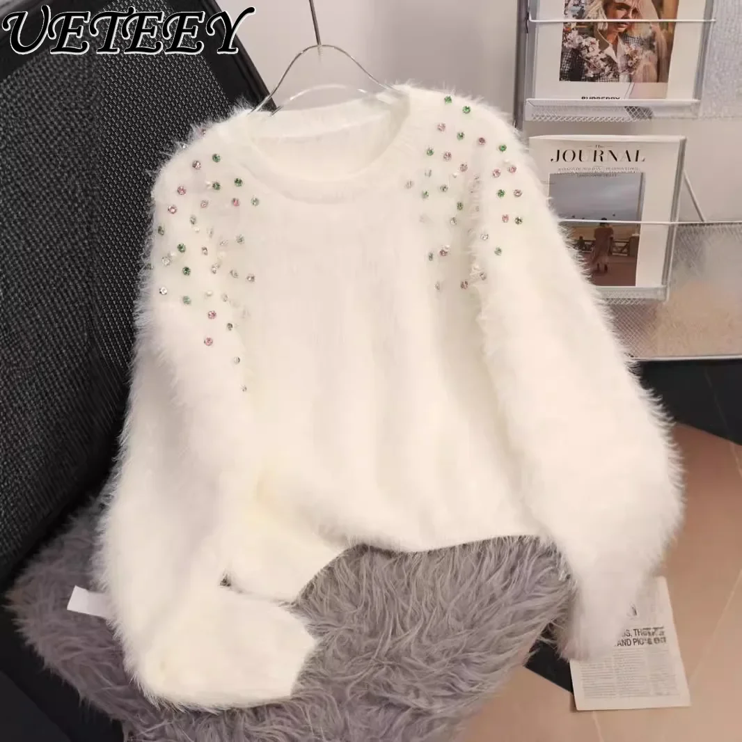 Heavy Industry Diamond-encrusted Fluffy Knitted Sweater Women's Autumn and Winter Loose Crew Neck Inner Short Pullover