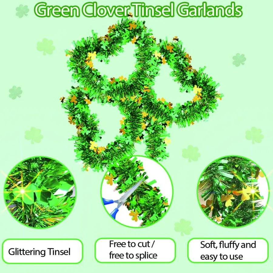 Guirnalda de oropel del Día de San Patricio de 33 pies, guirnalda verde con trébol, decoraciones del Día de San Patricio para fiesta del Día de San Patricio