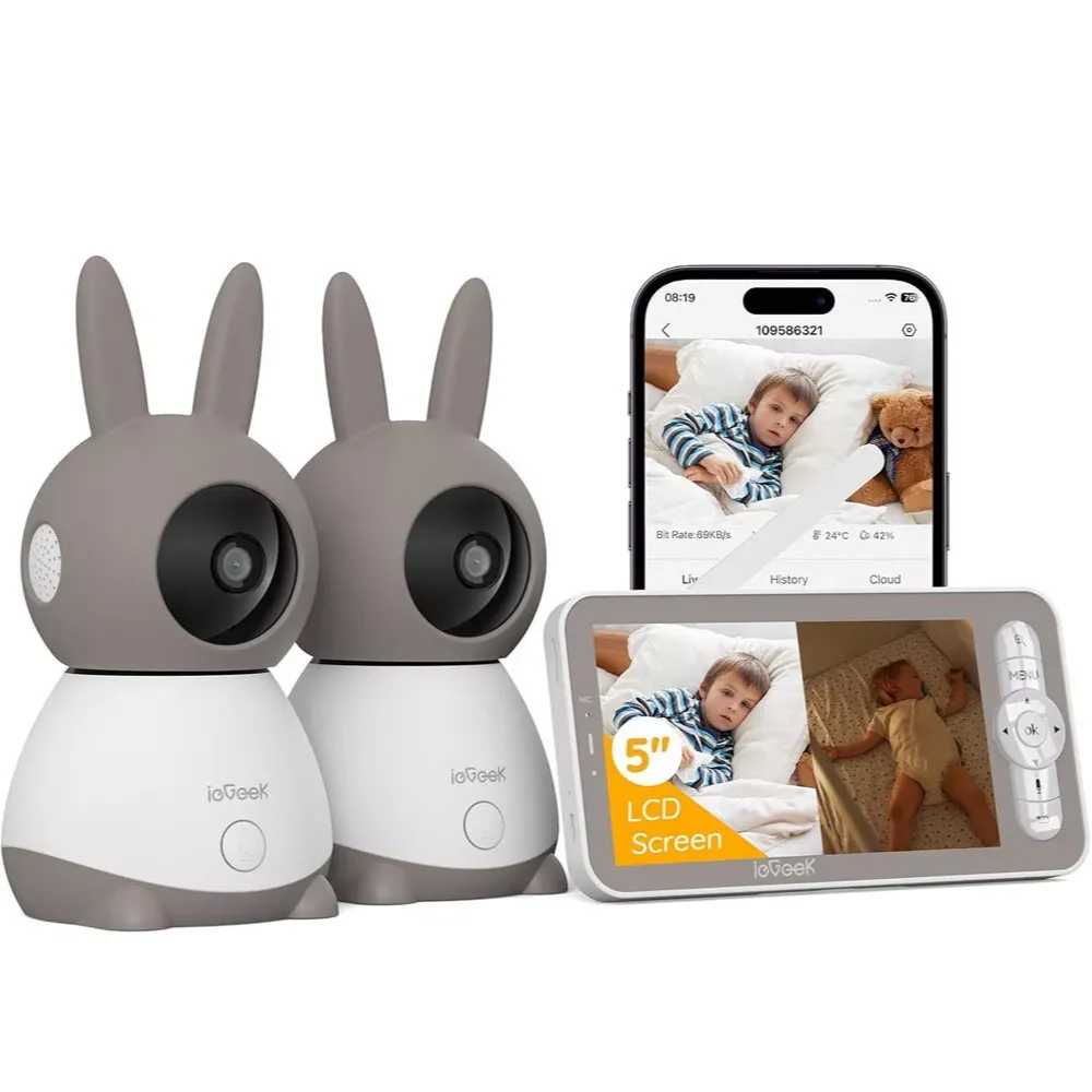 ieGeek 5-Zoll-Babyphone mit 2 Kameras 2K/3MP, PTZ 355 ° , IR-Nachtsicht, automatische Verfolgung, Erkennung von Weinen/Bewegung/Lärm