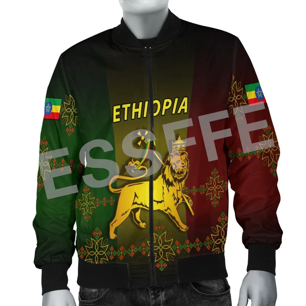 Ethiopia County Flag Kente Reggae Africa Tribe Lion Retro 3DPrint Unisex Harajuku Winter Coat Casual Windbreaker Bomber Jacket X