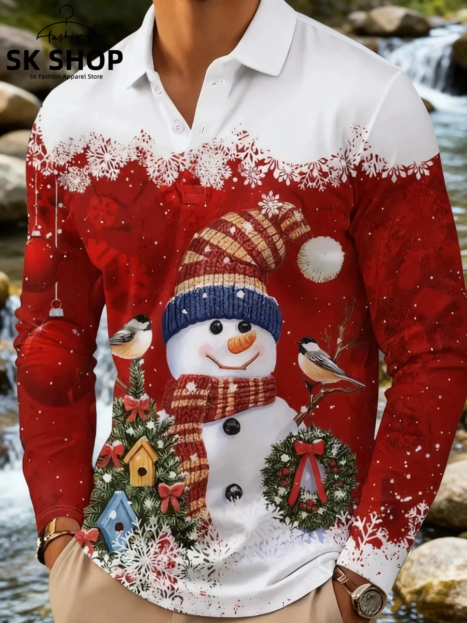 

Autumn Christmas Print 3D Digital Print Men's Collared Casual Long Sleeve Shirt European Style Comfortable Fit Fashionable