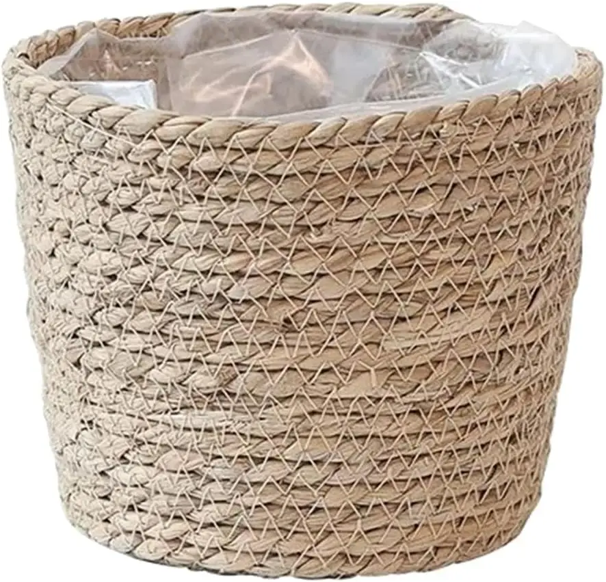 Straw Planters, Woven Storage Baskets Plant Containers with Plastic Lined Grocery Laundry Baskets for Indoor Garden Decor