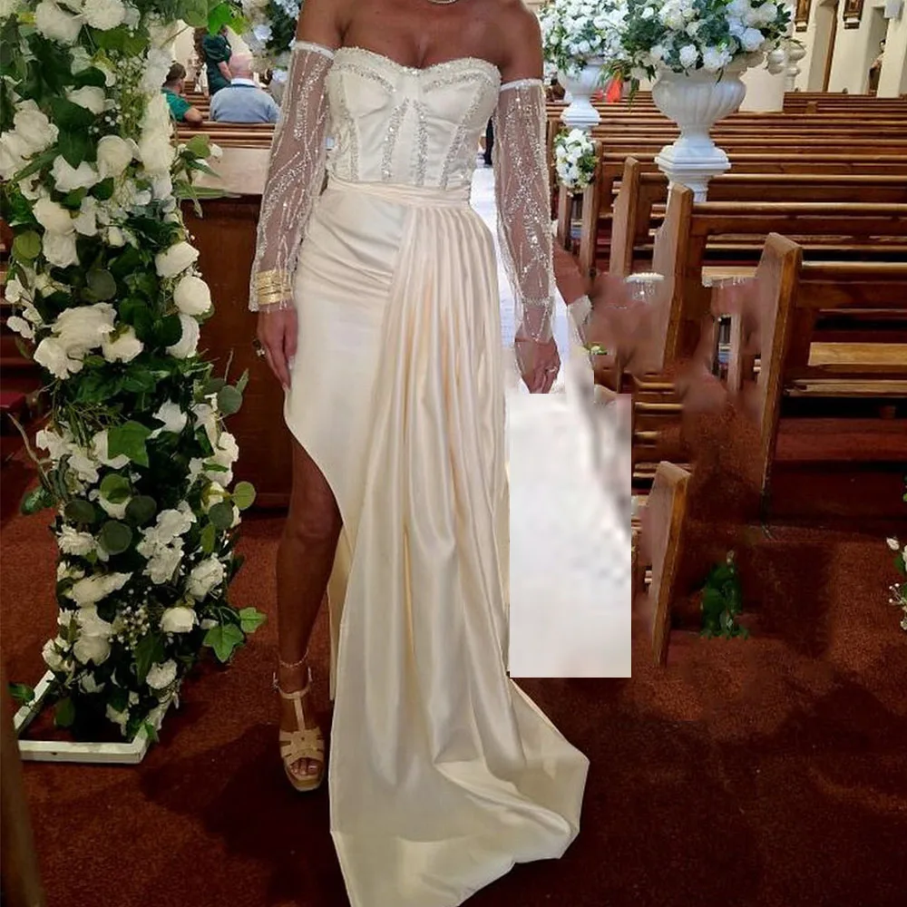 Maßgeschneidertes bodenlanges Cocktailkleid im Meerjungfrau-Stil, schulterfrei, Cocktailkleid für Frauen, lange Ärmel, Hochzeitskleid mit Schleppe