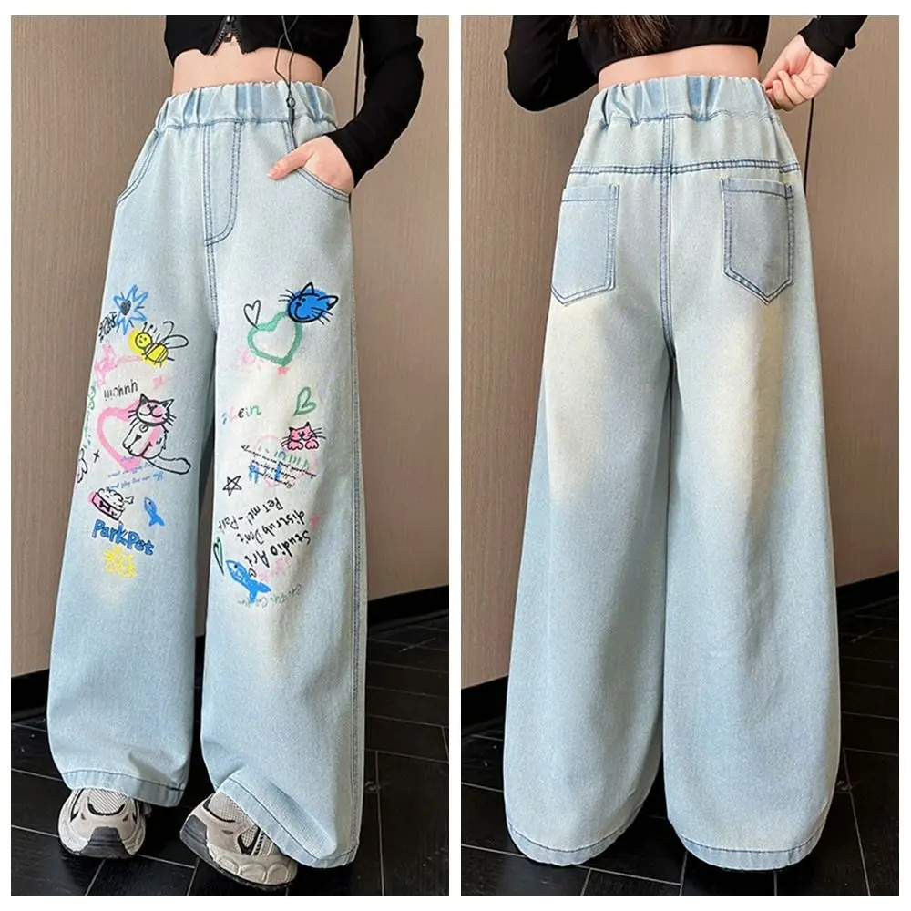 

Straight Teen Girl Jeans Graffiti Loose Children Cartoon Jeans Wide Leg High Waist Girls Denim Trousers Kids Children