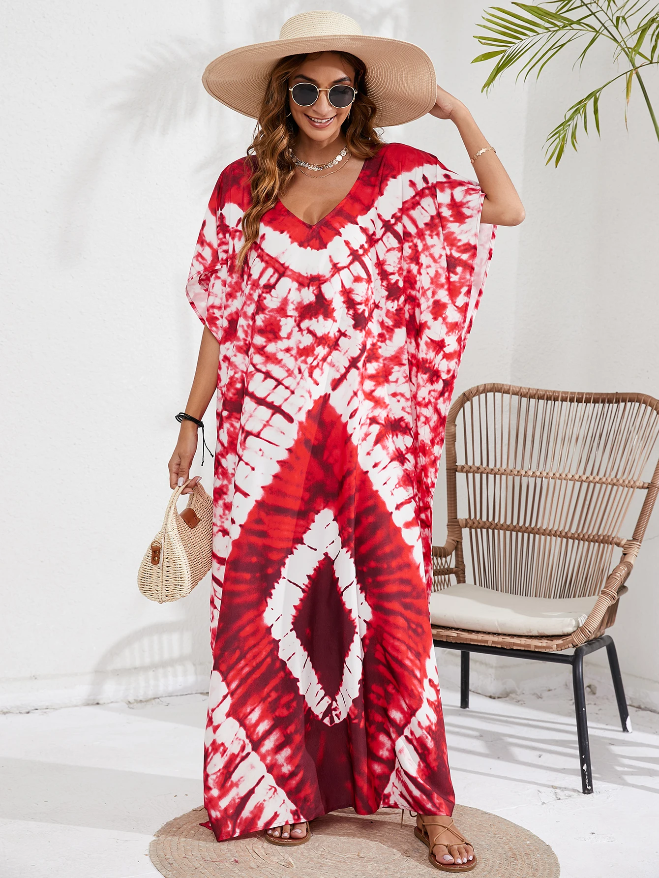 Plus Size Boho Cover Up Women s Plus Tie Dye & Geo Print Batwing Sleeve V Neck Kaftan Beach Cover Up Dress