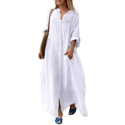 Simple Style Women Comfortable Casual Cotton Linen Dresses Side Pockets Single-breasted Cardigan Dress Female Long Sleeves Gown