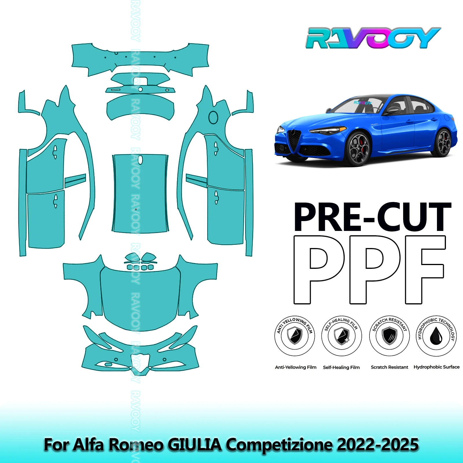 RAVOOY 8.5Mil Custom-Fit Precut TPU PPF Full Vehicle Clear Bra Stone Guard EU UK For Alfa Romeo GIULIA Competizione 2022-2026