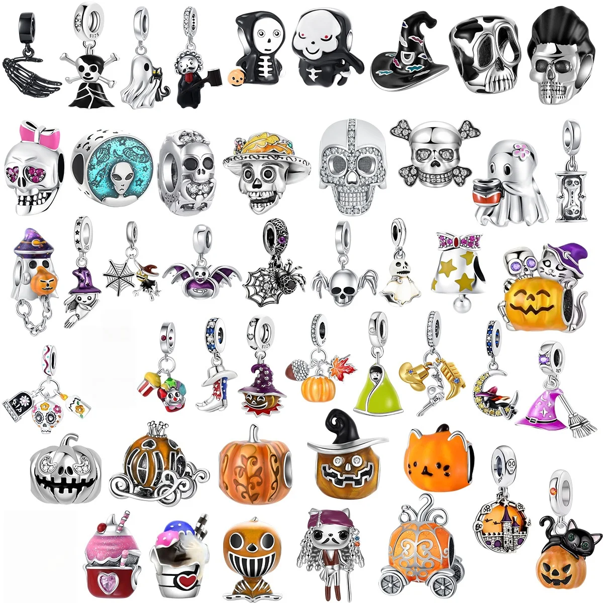 2026 Halloween 925 Silver Thriller Theme Pumpkin Skull Ghost Witch Bat Swinging Bead Fit for Bracelet DIY Festival Party Jewelry