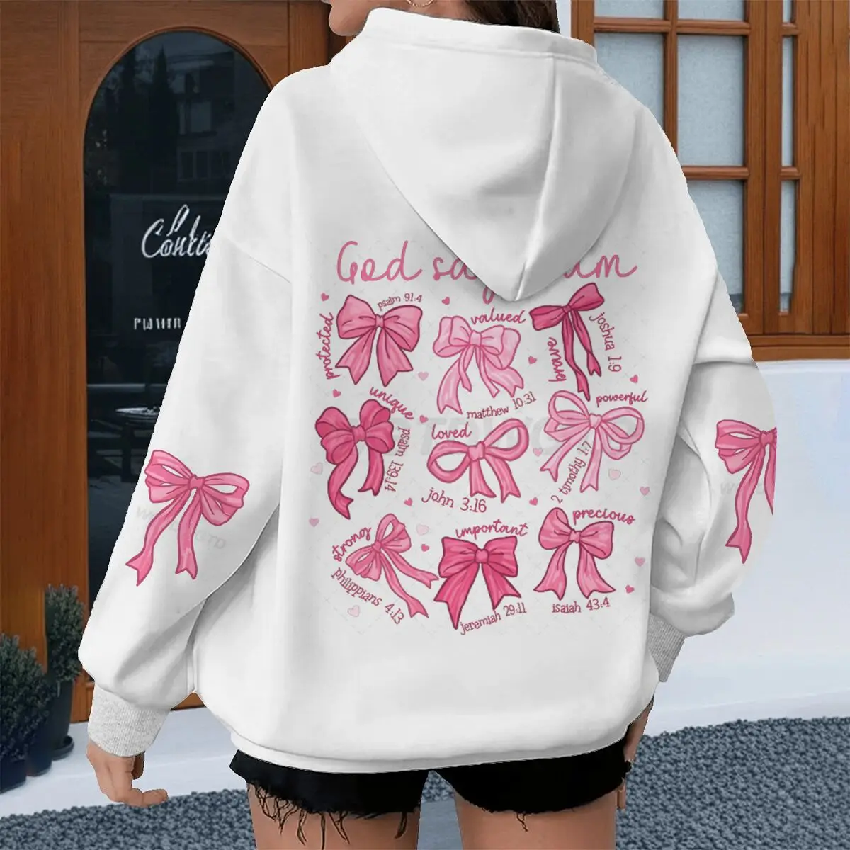 

Pink Coquette Bow "God Says U Am Valued" Hooded Women Vintage Christianity Sweatshirts Fashion Long Sleeve Girl Jesus Hoodies