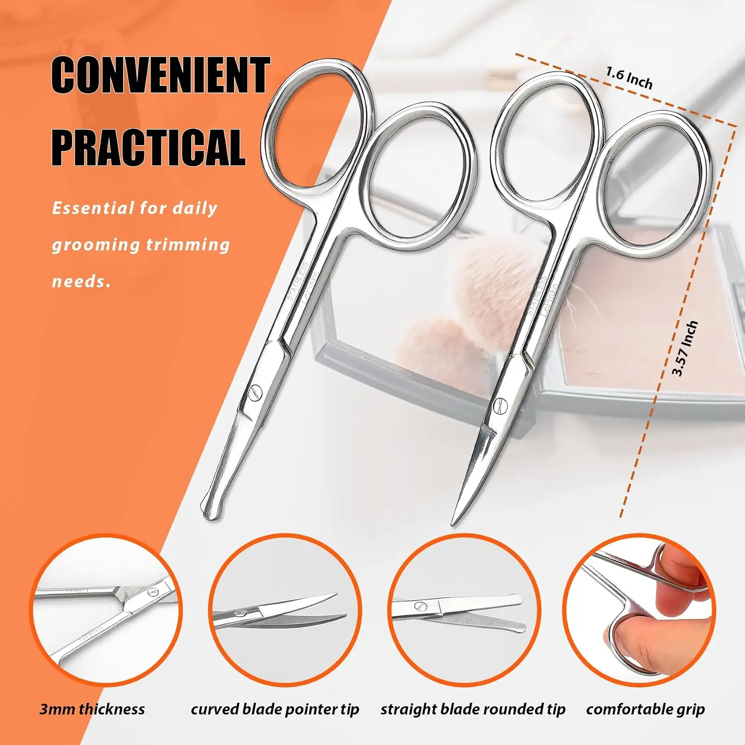 2PCS Silver Small Facial Hair Beauty Scissors for Men and Women Facial Hair Trimming Tool