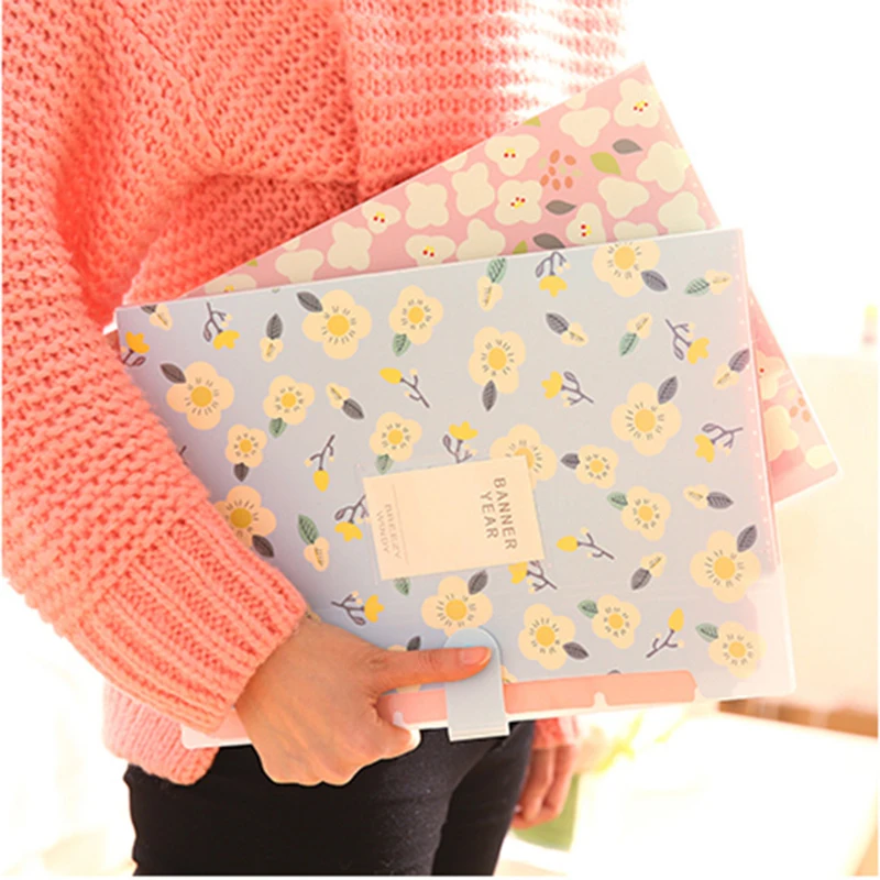 Kawaii Floral A4 Folder Student Document Test Paper Storage Bag Macaron Color Organ Bag 5-layer Office File Supplies Folder